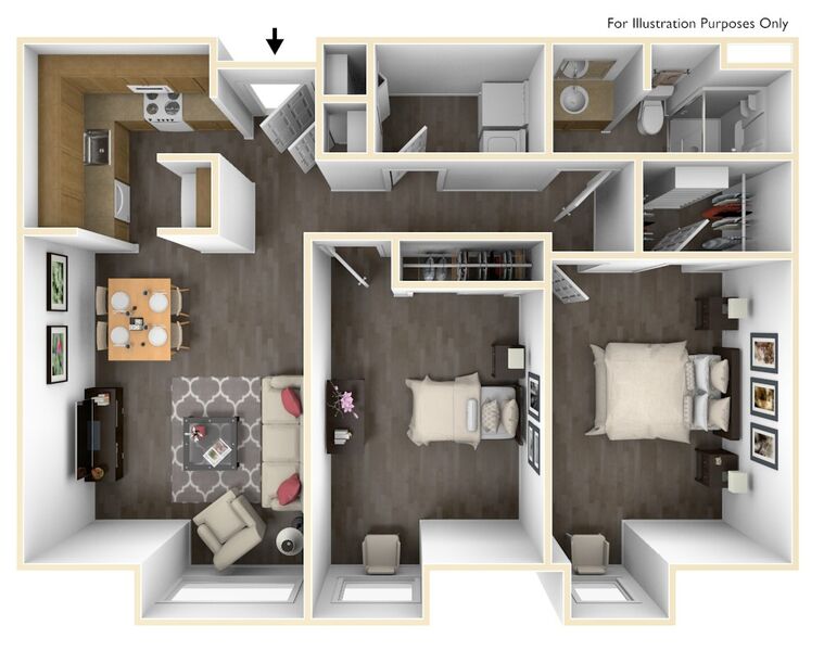 Floor plan for 2 beds, 1 bath, 849 sqft